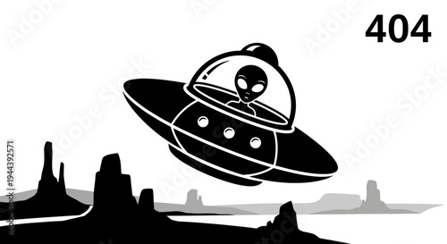 Alien UFO Flying Over Desert Landscape with 404 Error Message
