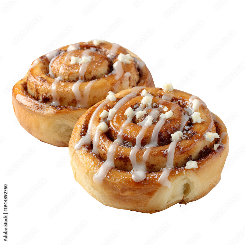 Fototapeta premium Fresh cinnamon rolls with icing drizzle on white background close-up dessert food