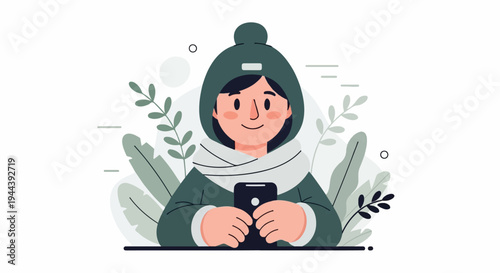 Cheerful individual in winter attire engrossed with a smartphone, surrounded by foliage
