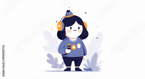 Cartoon character with headphones and phone