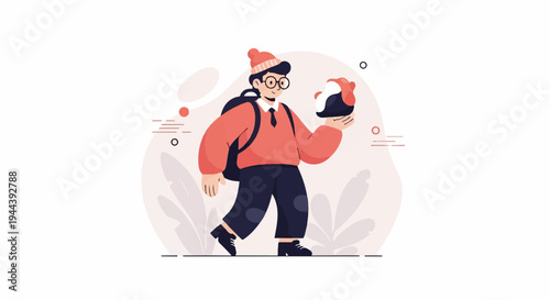 A person in winter attire holds a novelty hat, with abstract shapes and plants in the background