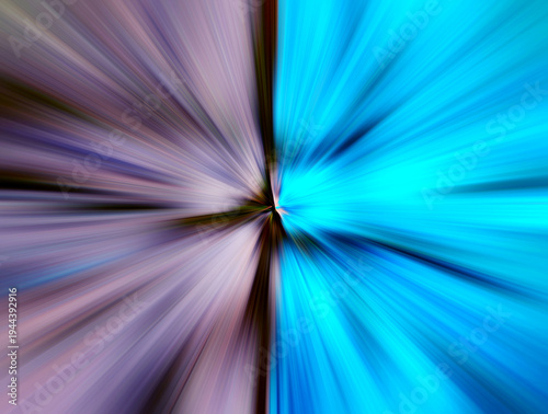 Abstract surface of radial blur zoom with vibrant purple and blue streaks creating dynamic motion and energetic light explosion effect. The background is divided into two parts.
