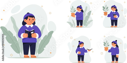 A compilation of four illustrations featuring a young person in winter attire engaging in various activities like reading and plant care