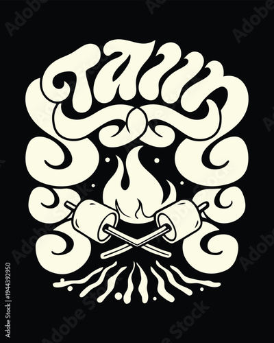 Cozy campfire design with roasting marshmallows on sticks over warm flames during a relaxing evening