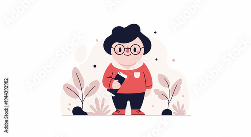 A stylized character with black hair, glasses, and red shirt holds a phone amidst abstract shapes and plants