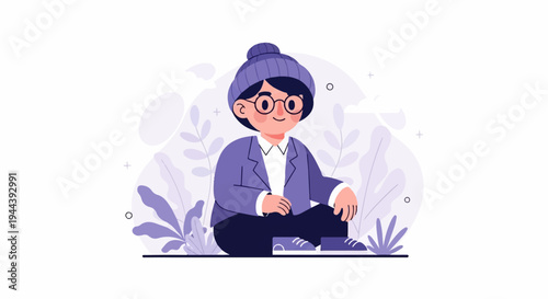 Friendly person wearing purple hat, jacket, and pants, sitting outdoors