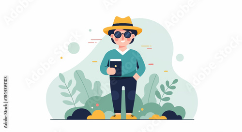 A person in a hat and sunglasses holds a drink amidst lush greenery