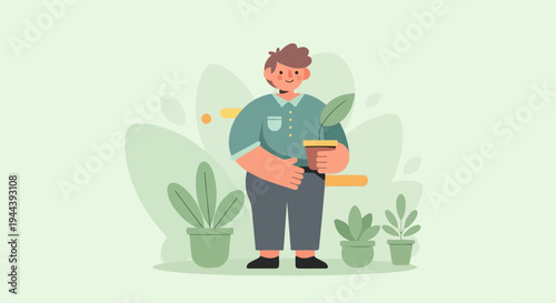 Cheerful person holding a potted plant, surrounded by greenery in a minimalist, stylized setting