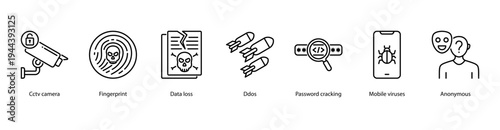 Digital Surveillance web banner icon vector illustration featuring CCTV Camera, Fingerprint, Data Loss, DDoS, Password Cracking, Mobile Viruses, and Anonymous.
