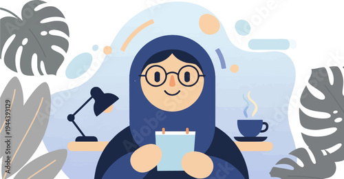 Young person in hijab with glasses, holding notepad, desk lamp, coffee, plants