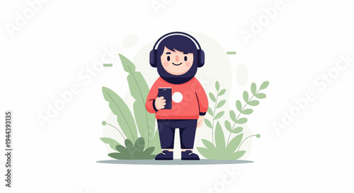 Person with headphones holding a phone surrounded by green plants