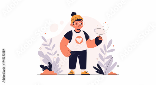 Cheerful person with a coffee cup and plants