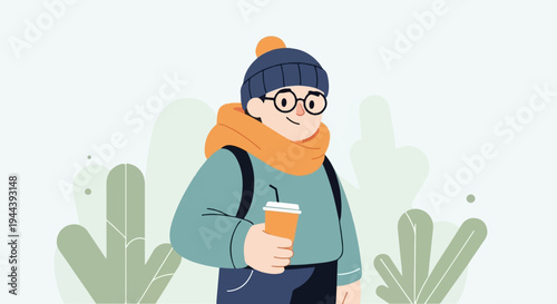 Person with glasses and scarf holding a drink, with green plants