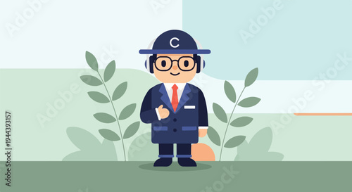 Cartoon businessman in suit with headphones and hat, surrounded by leaves
