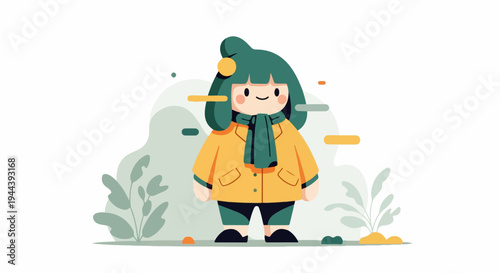 A cute animated character in a yellow coat and green scarf stands