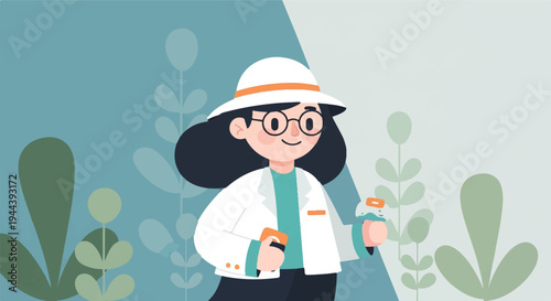 Cartoon scientist in safari hat and lab coat holds scientific equipment amidst abstract foliage