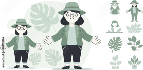 Two pixelated figures in safari hats and jackets with open arms, surrounded by stylized leaves