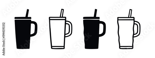 Reusable travel mug or tumbler icons set. Portable cup with straw and handle symbol collection in solid and outline style.