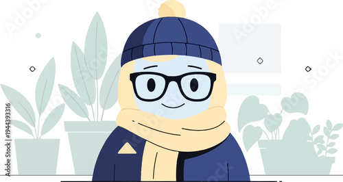Friendly cartoon character in winter attire with glasses, surrounded by potted plants and abstract shapes