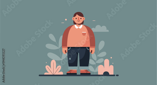 A flat illustration of a person standing among abstract plant elements and clouds