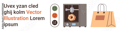 Technology, innovation, e-commerce, customer feedback, product manufacturing, consumer trends. 3D printer, emoticon feedback panel shopping bag. Technology and e-commerce innovation concept