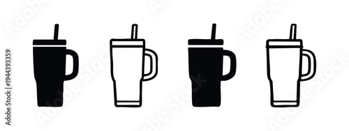 Reusable travel mug or tumbler icons set. Portable cup with straw and handle symbol collection in solid and outline style.