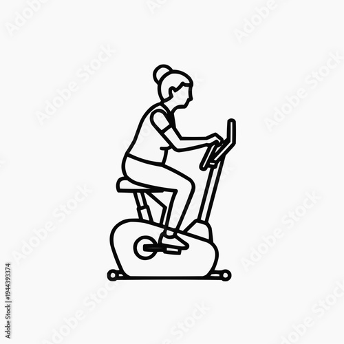 Elderly woman exercising on stationary bike in minimalist line art style  