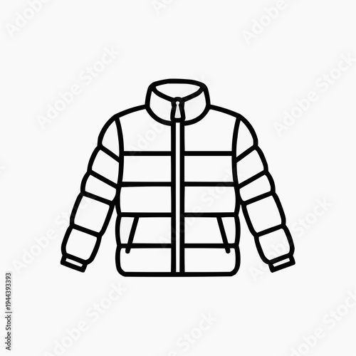 Down jacket zipped up in black line drawing style  