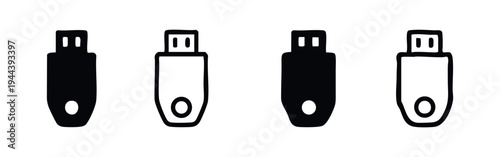 USB flash drive or memory stick icons set. Portable data storage device symbol collection in solid and outline style.