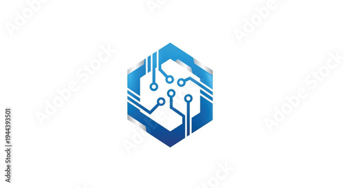 This modern vector logo design features a blue hexagon with digital circuit board lines and nodes. It represents concepts like technology, data networking, software development.