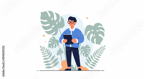 A man wearing glasses and a blue shirt holds a tablet amidst tropical plants