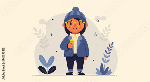 Cheerful cartoon person in warm clothing holding a microphone
