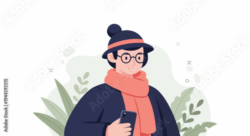 Young person wearing glasses, hat, scarf, holding a phone, surrounded by leaves