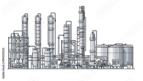 Industrial plant with multiple towers and tanks.