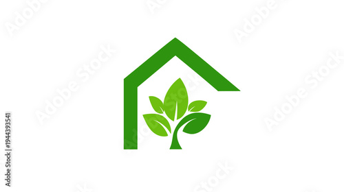 A green house outline embraces stylized green leaves and a trunk, set against a white backdrop