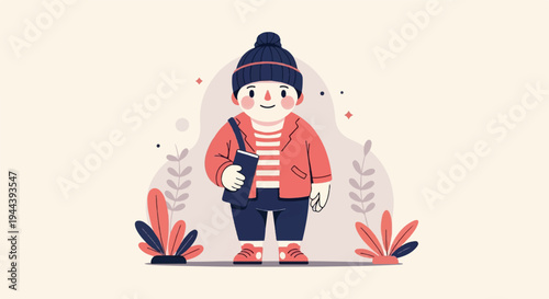 Stylized cartoon character in winter attire holding a bag