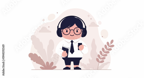 A cute cartoon figure with glasses and headphones holds a book and phone