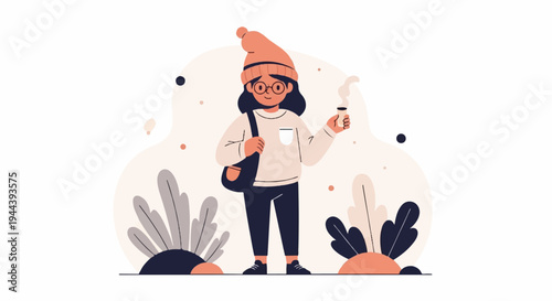 A person in a warm hat and sweater holds a steaming cup, a bag slung over their shoulder