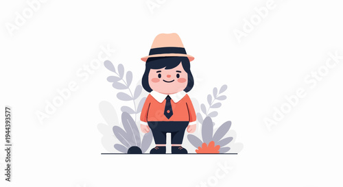 Adorable animated character with dark hair, wearing a hat, orange shirt, and blue pants