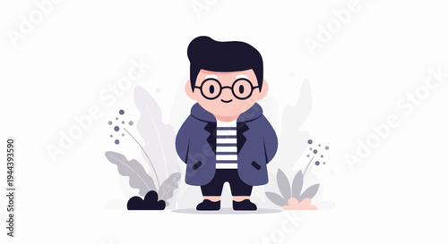 A cute cartoon child with glasses and a striped shirt stands in a garden