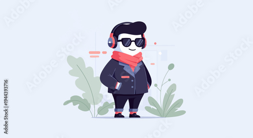 A smiling, chubby character in headphones and sunglasses, wearing a scarf and jacket