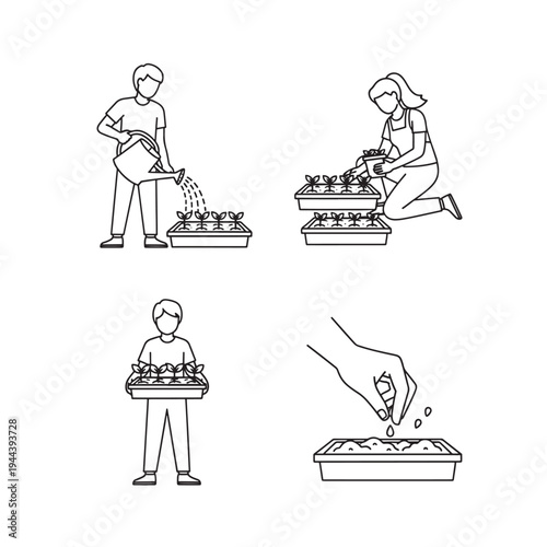 A series of line art illustrations showing people engaged in various gardening activities, including planting seeds, watering seedlings, and transplanting young plants into pots.