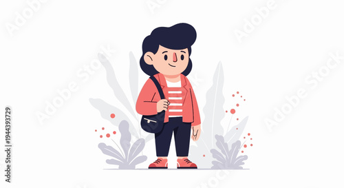 Cartoon girl in a coral jacket with a striped shirt and black pants, carrying a bag