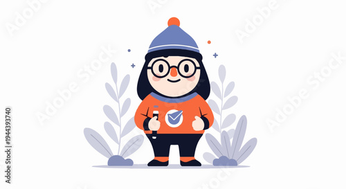 A stylized, chubby character wearing a winter hat and glasses, holding a marker