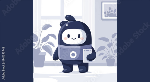 A friendly, cartoonish robot with a round head, big eyes, and rosy cheeks, holding a tablet