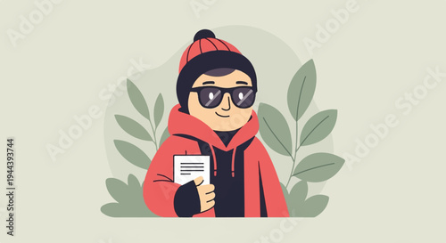 Stylish person in red jacket, black beanie and sunglasses holding a paper