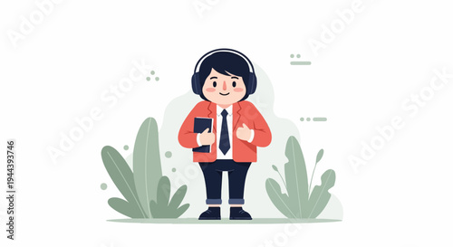 Cheerful individual in headphones holding a book amidst plants