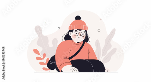 Cheerful person with glasses and beanie sits with bag, surrounded by stylized plants
