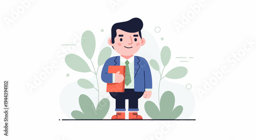 A smiling person in a suit and tie stands holding a red book