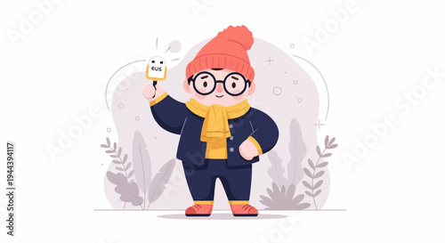 A cheerful, bespectacled child in winter attire holds up a sign with currency symbols